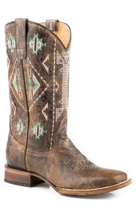 Roper Womens Leather Cowboy Boot Waxy Brown With Embroidered Aztec Design