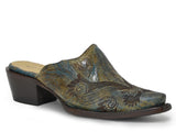 Roper Womens Rustic Turquoise  Brown Leather Mule With Embroidery - Roper