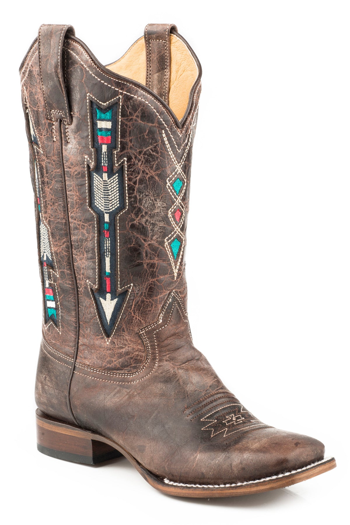 Roper Womens Wide Calf Leather Cowboy Boot Waxy Brown With Embroidered Arrow Underlay Design