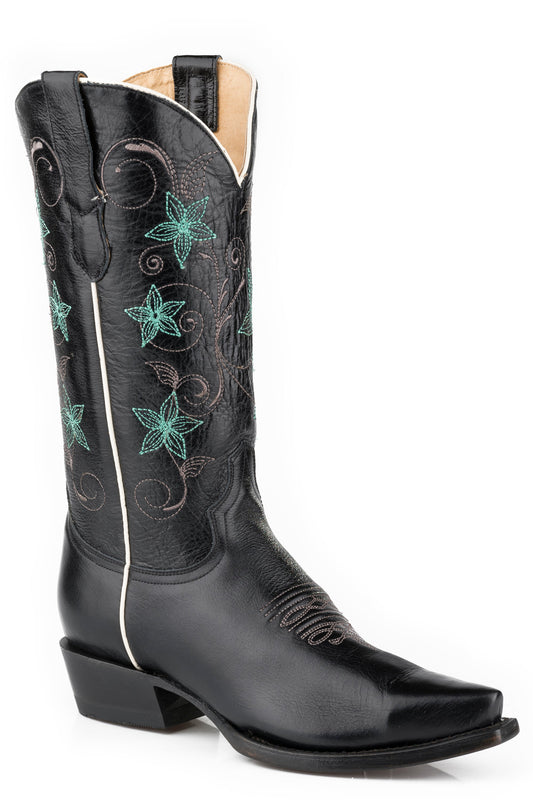 Roper Womens Marbled Black Leather Vamp  Shaft Boot With Embroidered Floral Shaft