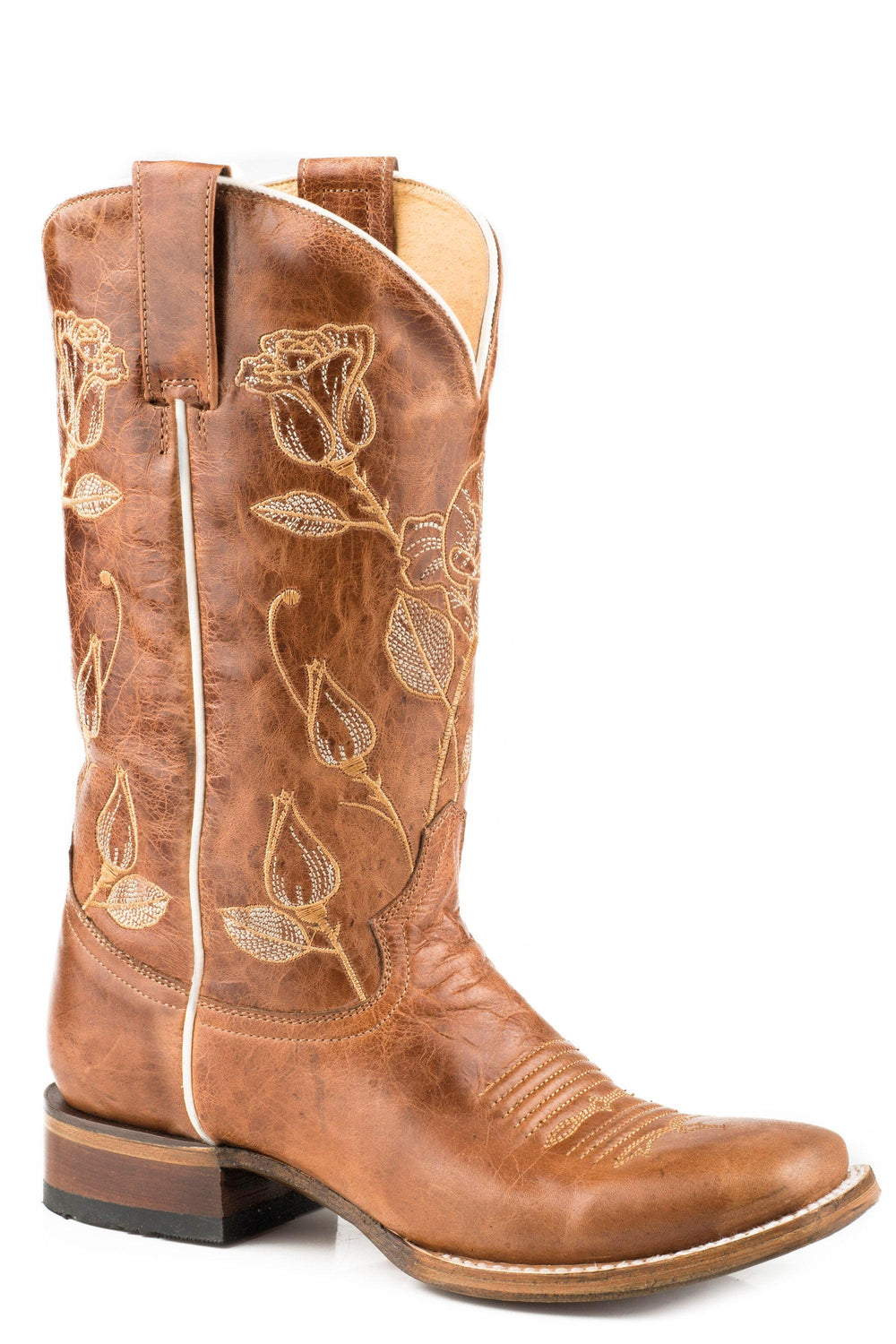 Roper Womens Leather Cowboy Boot Marbled Brown With Rose Embroidery On Upper - Roper