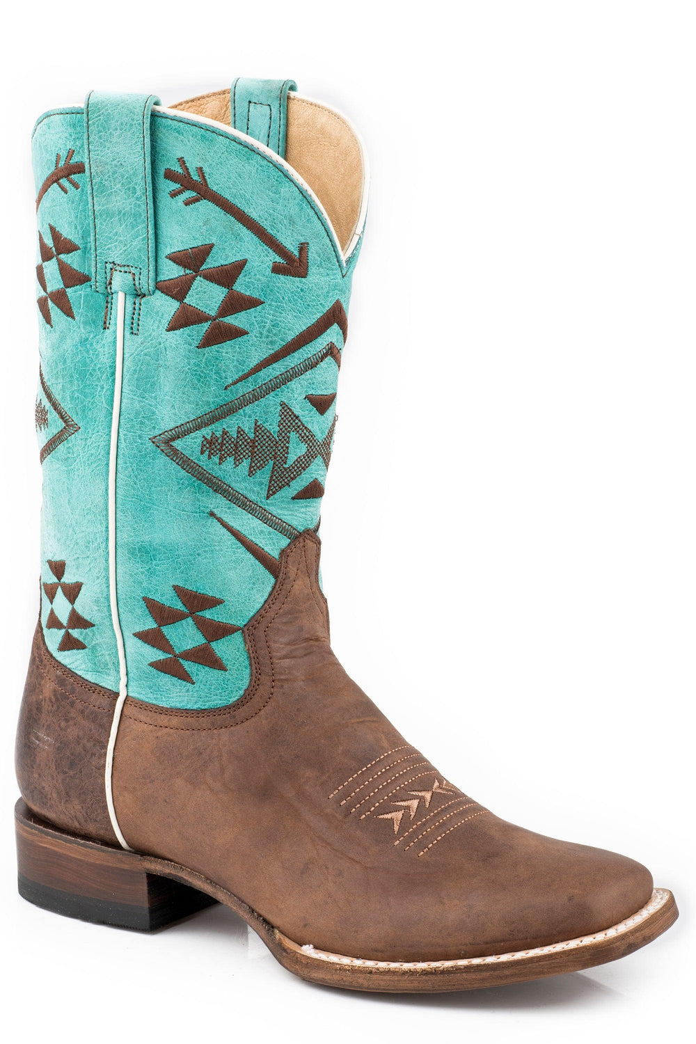 Roper Womens Burnished Brown Leather Vamp Boot With Native Embroidered Turquoise Shaft - Roper