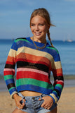 Rainbow Stripe Openwork Long Sleeve Cover-Up - Trendsi