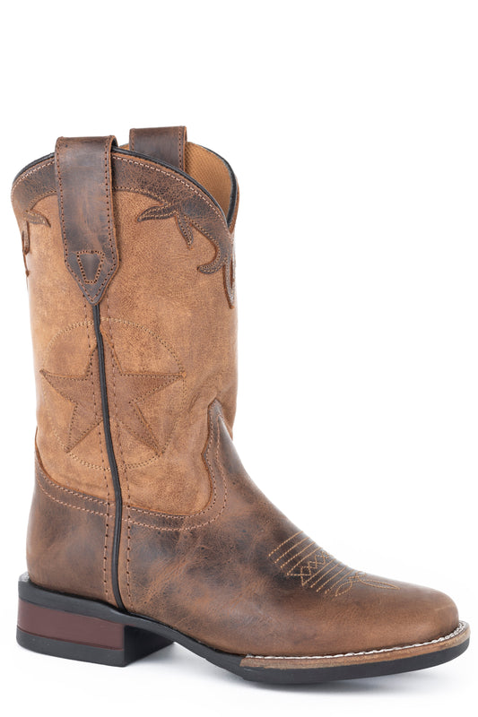 Roper Big Boys Brown Oiled Leather Vamp Boot With Star Overlay On Tan Shaft