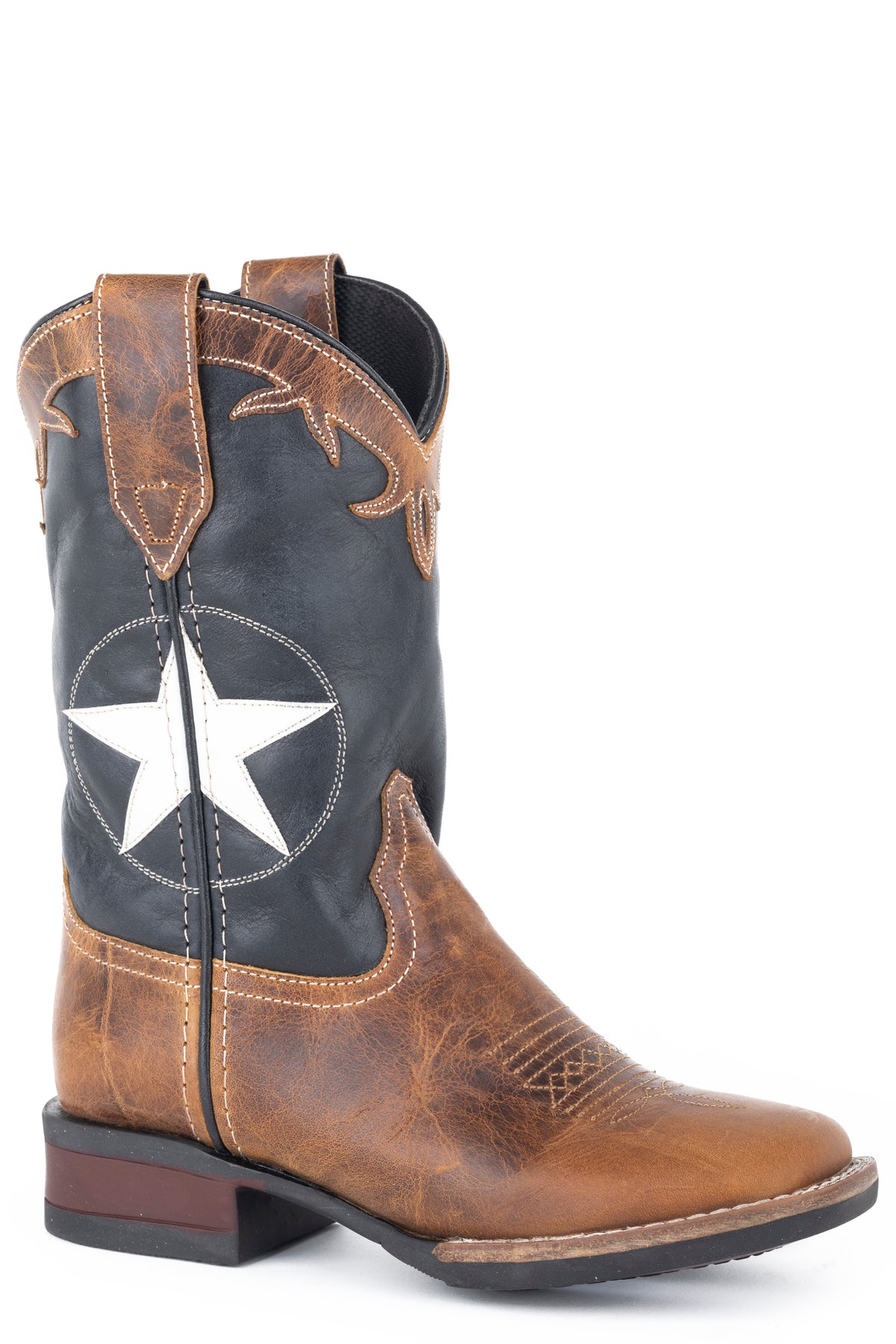 Roper Big Boys Tan Leather Vamp Boot With White Star Overlay On Navy Shaft