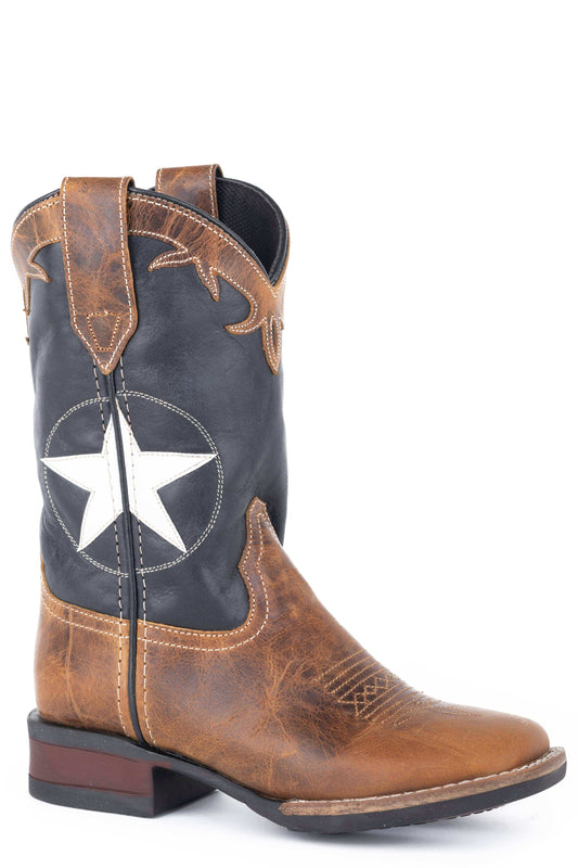 Roper Big Boys Tan Leather Vamp Boot With White Star Overlay On Navy Shaft - Roper - Flyclothing LLC