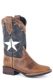 Roper Big Boys Tan Leather Vamp Boot With White Star Overlay On Navy Shaft - Roper