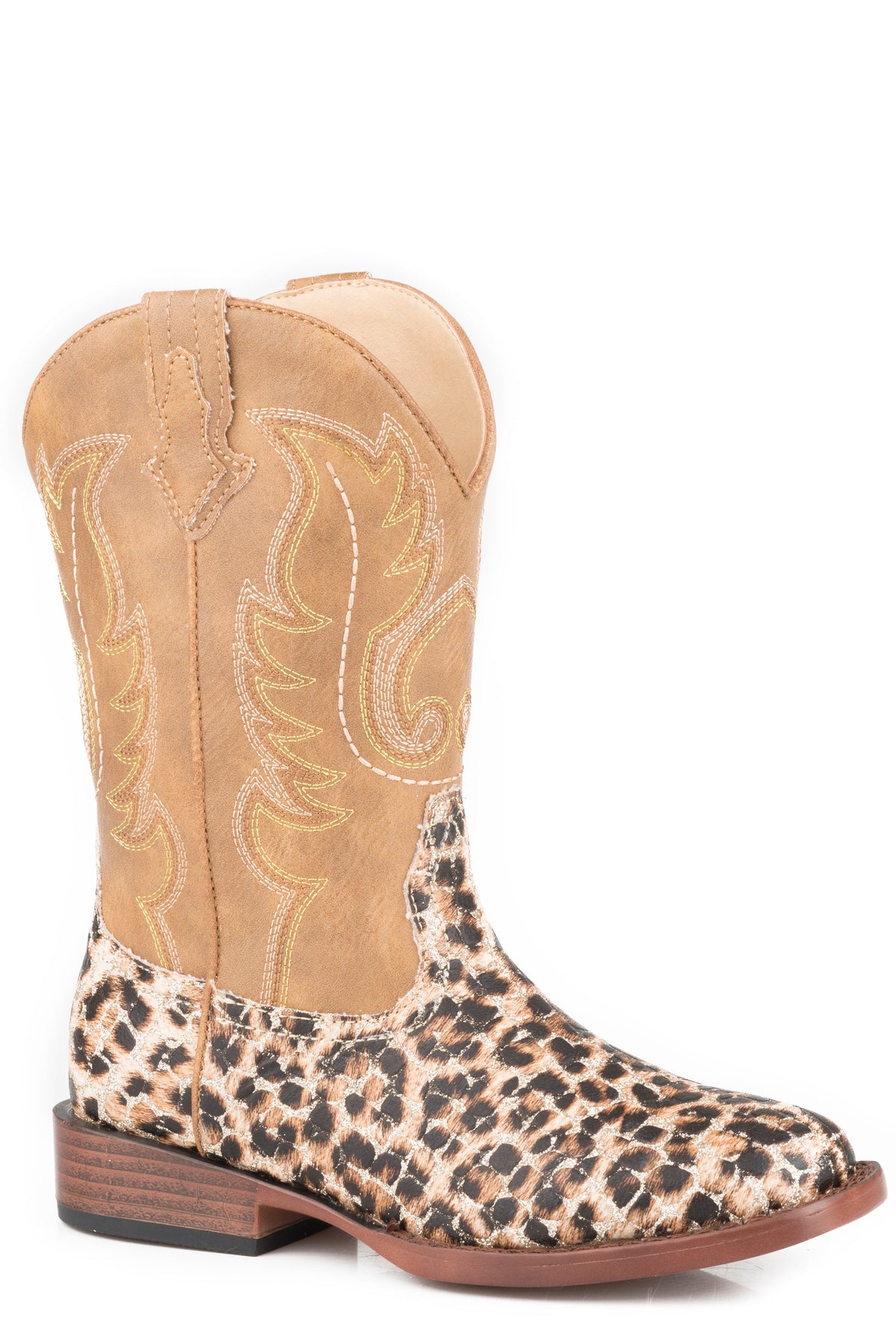 Roper Big Girls Gold Glitter Leopard Print Vamp Boot With Brown Shaft