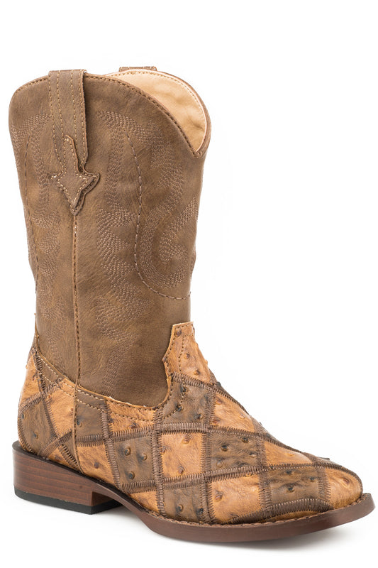 Roper Big Boys Tan And Brown Patchwork Faux Ostrich