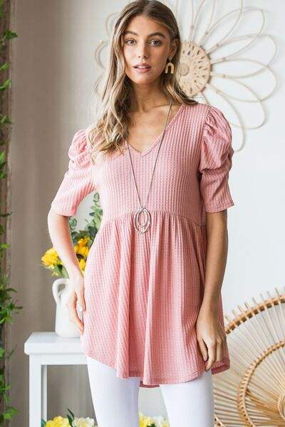 Heimish Full Size Waffle Knit V-Neck Babydoll Top - Trendsi - Flyclothing LLC