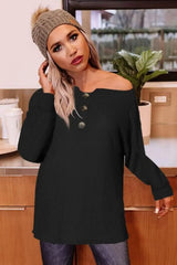 Buttoned Boat Neck Long Sleeve Blouse - Trendsi - Flyclothing LLC
