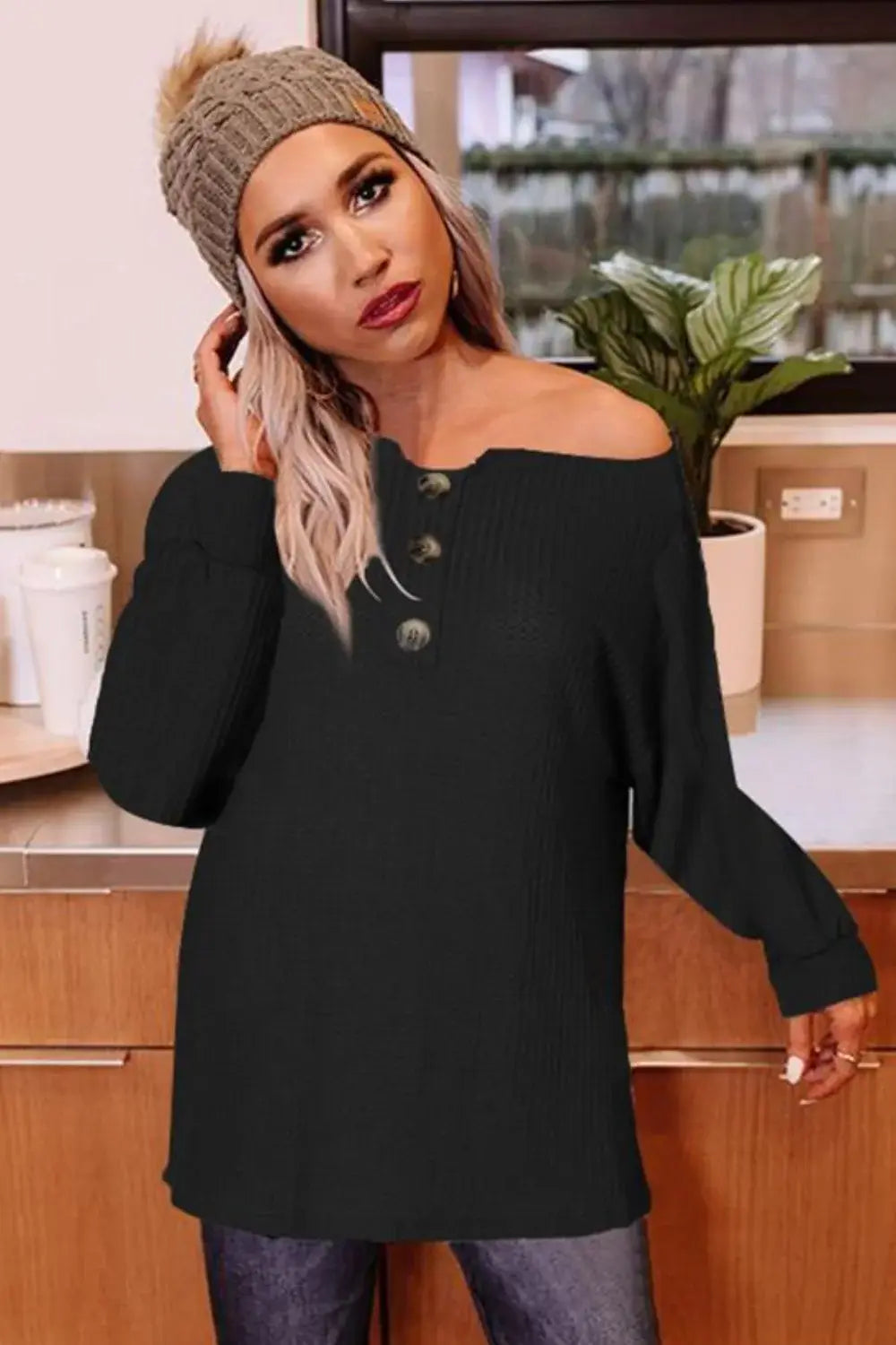 Buttoned Boat Neck Long Sleeve Blouse - Trendsi - Flyclothing LLC