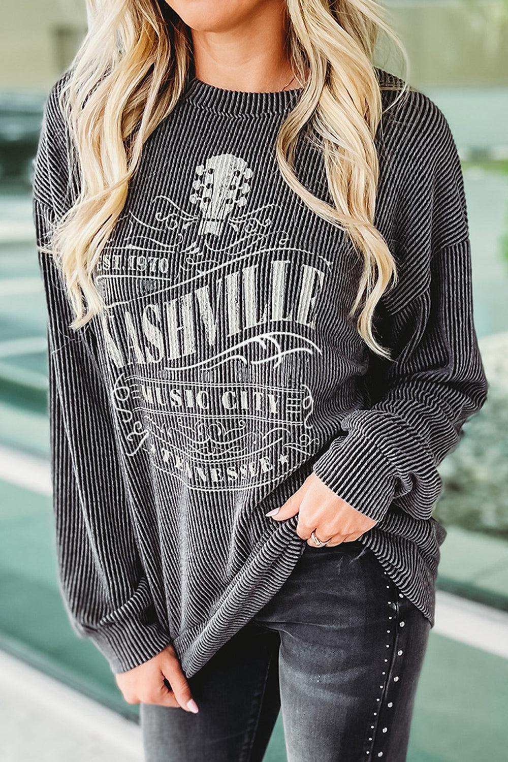 Ribbed Round Neck Long Sleeve Graphic Sweatshirt - Trendsi - Flyclothing LLC