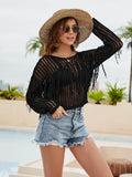 Fringe Trim Openwork Long Sleeve Cover-Up - Trendsi