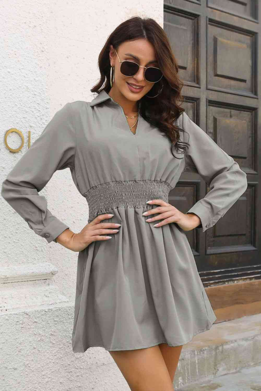 Johnny Collar Smocked Waist Long Sleeve Mini Dress - Trendsi - Flyclothing LLC