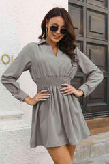 Johnny Collar Smocked Waist Long Sleeve Mini Dress - Trendsi