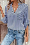 Striped Notched Roll-Tab Sleeve Shirt - Trendsi - Flyclothing LLC