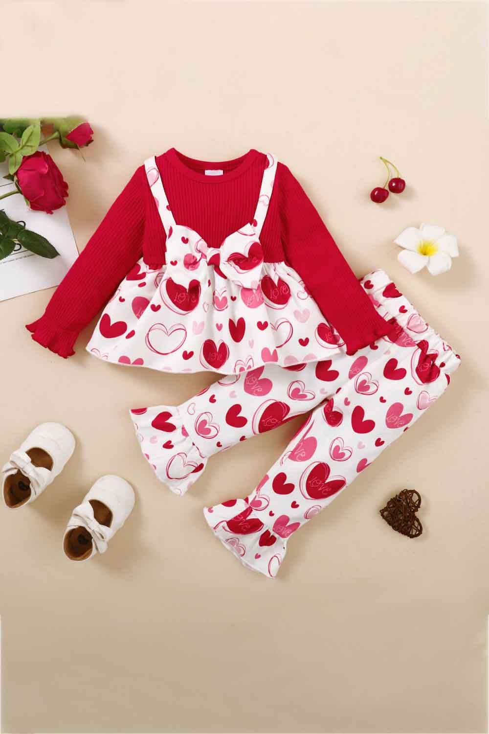 Girls Heart Print Bow Detail Sweater and Flare Pants Set - Flyclothing LLC