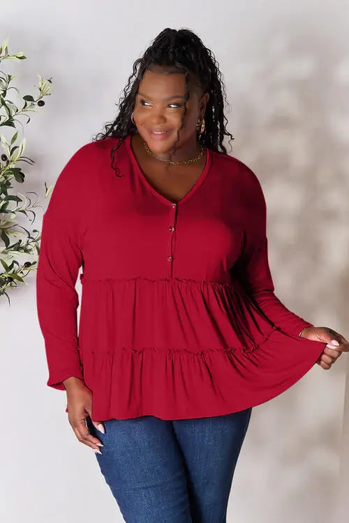 Double Take Half Button Long Sleeve Ruffle Hem Blouse - Trendsi - Flyclothing LLC