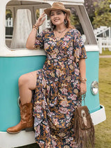 Floral V-Neck Short Sleeve Slit Dress - Trendsi - Flyclothing LLC