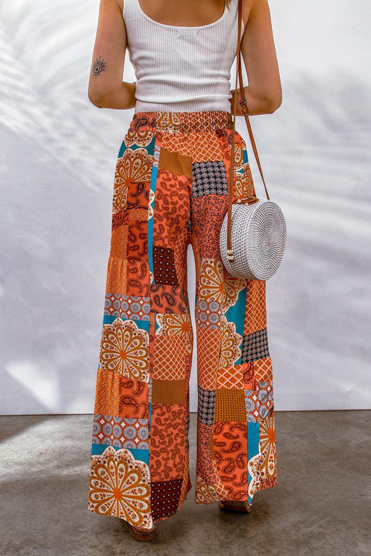 Bohemian Patchwork Drawstring Wide Leg Pants - Trendsi