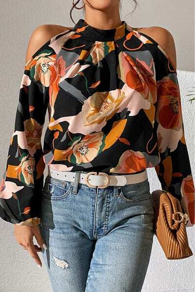 Floral Cold Shoulder Balloon Sleeve Blouse - Trendsi - Flyclothing LLC