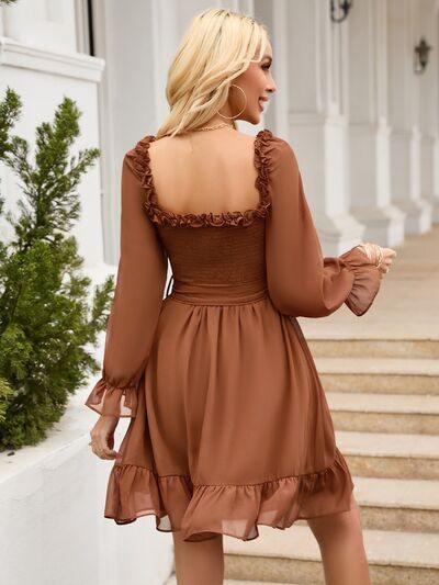 Tie Front Ruffle Hem Smocked Dress - Trendsi