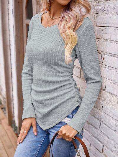 Textured Ruched V-Neck Long Sleeve T-Shirt - Trendsi - Flyclothing LLC