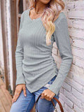 Textured Ruched V-Neck Long Sleeve T-Shirt - Trendsi - Flyclothing LLC