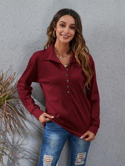 Half Button Dropped Shoulder Blouse - Trendsi