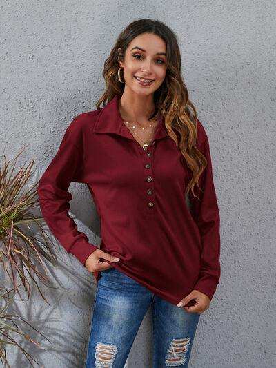 Half Button Dropped Shoulder Blouse - Trendsi - Flyclothing LLC