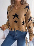 Star Pattern Distressed V-Neck Cropped Sweater - Trendsi - Flyclothing LLC
