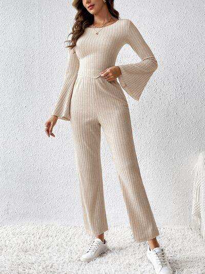 Ribbed Flare Sleeve Top and Pants Set - Trendsi - Flyclothing LLC