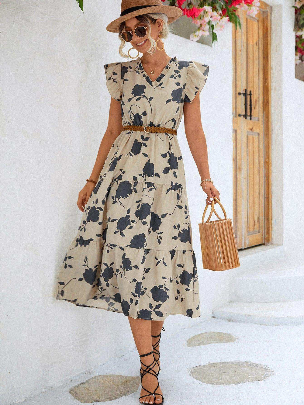 Floral Frill Trim V-Neck Tiered Midi Dress - Trendsi - Flyclothing LLC