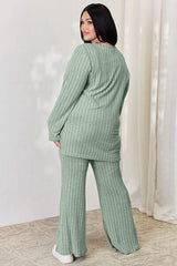 Basic Bae Full Size Ribbed High-Low Top and Wide Leg Pants Set - Trendsi