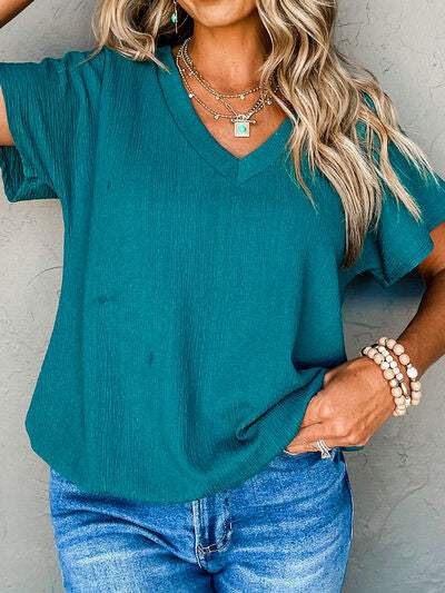 Textured V-Neck Short Sleeve T-Shirt - Trendsi - Flyclothing LLC