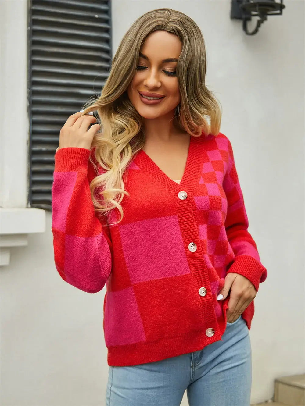 Plaid V-Neck Dropped Shoulder Cardigan - Trendsi - Flyclothing LLC