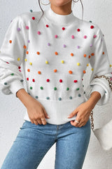 Pom-Pom Trim Mock Neck Long Sleeve Pullover Sweater - Trendsi - Flyclothing LLC