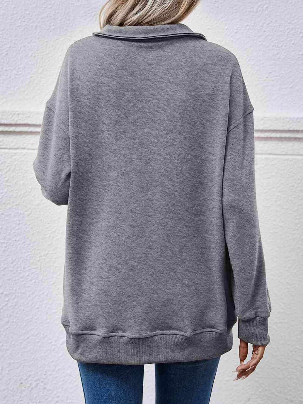 Collared Neck Dropped Shoulder Sweatshirt - Trendsi - Flyclothing LLC