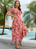 Floral Square Neck Short Sleeve Midi Dress - Trendsi