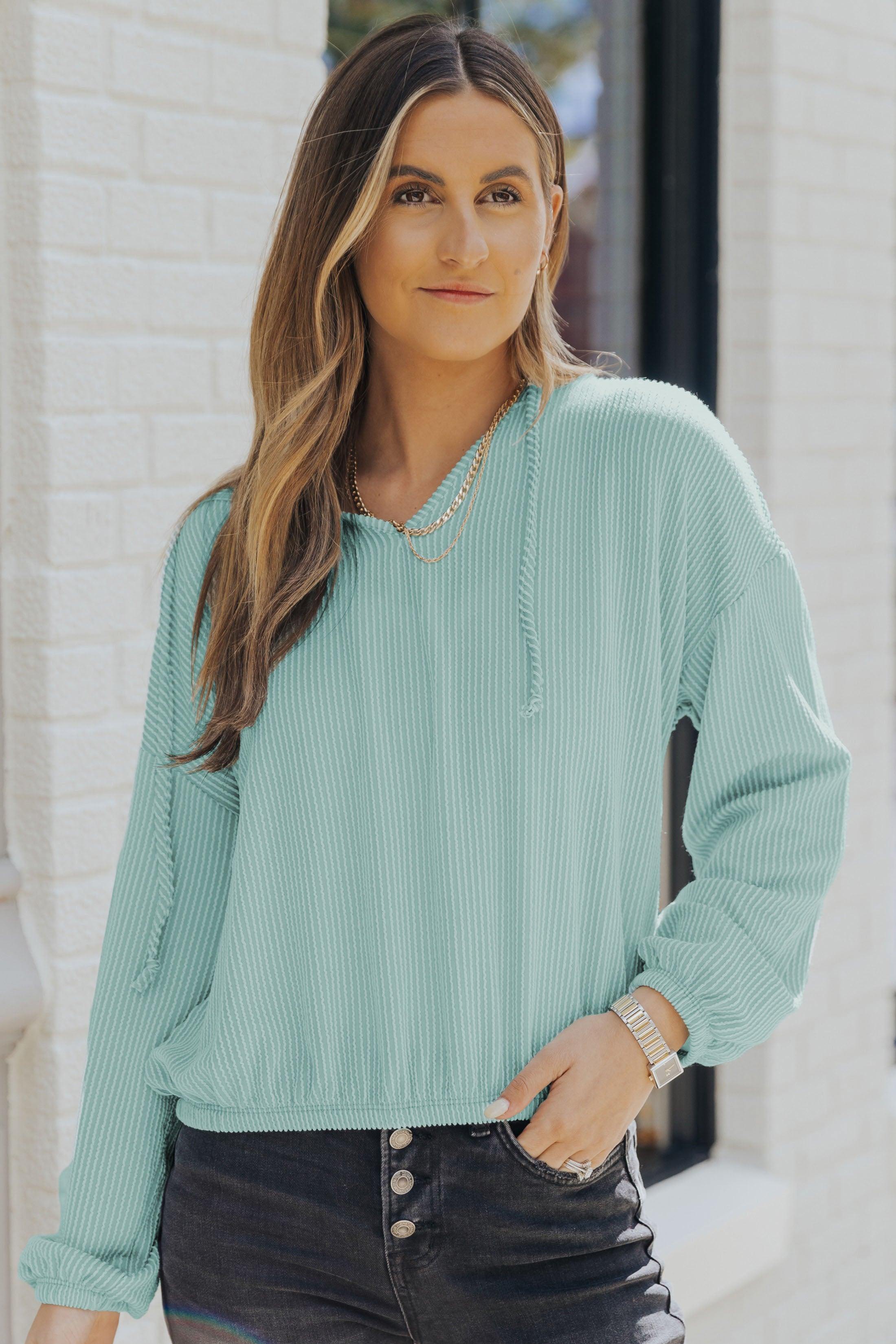 Ribbed Drop Shoulder Hoodie - Trendsi