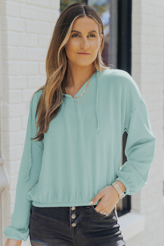 Ribbed Drop Shoulder Hoodie - Trendsi