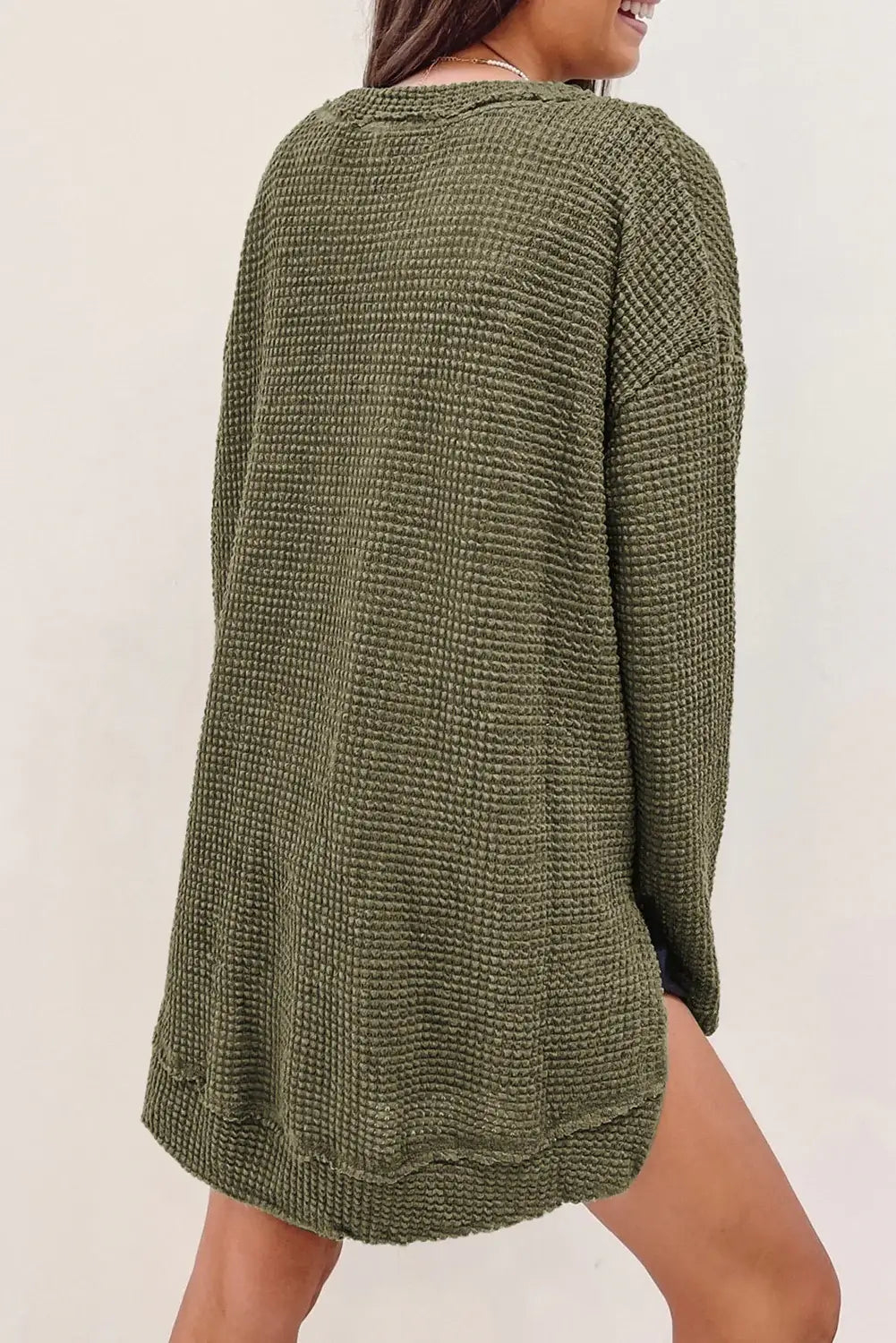 Waffle-Knit Round Neck Long Sleeve Sweatshirt - Trendsi - Flyclothing LLC
