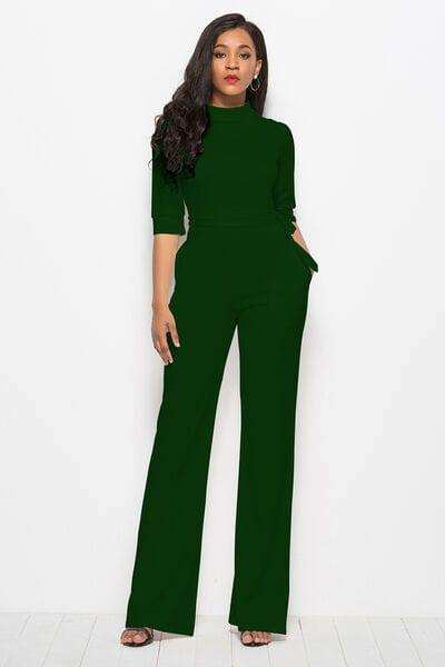 Mock Neck Tie-Waist Half Sleeve Jumpsuit - Trendsi - Flyclothing LLC
