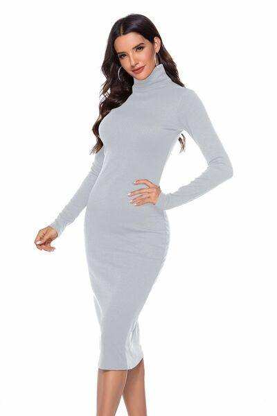 Ribbed Turtleneck Long Sleeve Dress - Trendsi - Flyclothing LLC