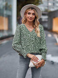 Printed V-Neck Lantern Sleeve Blouse - Trendsi - Flyclothing LLC