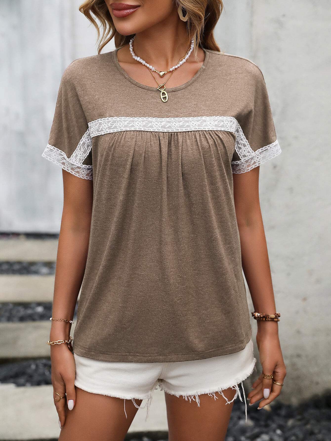 Contrast Round Neck Short Sleeve Tee - Trendsi - Flyclothing LLC