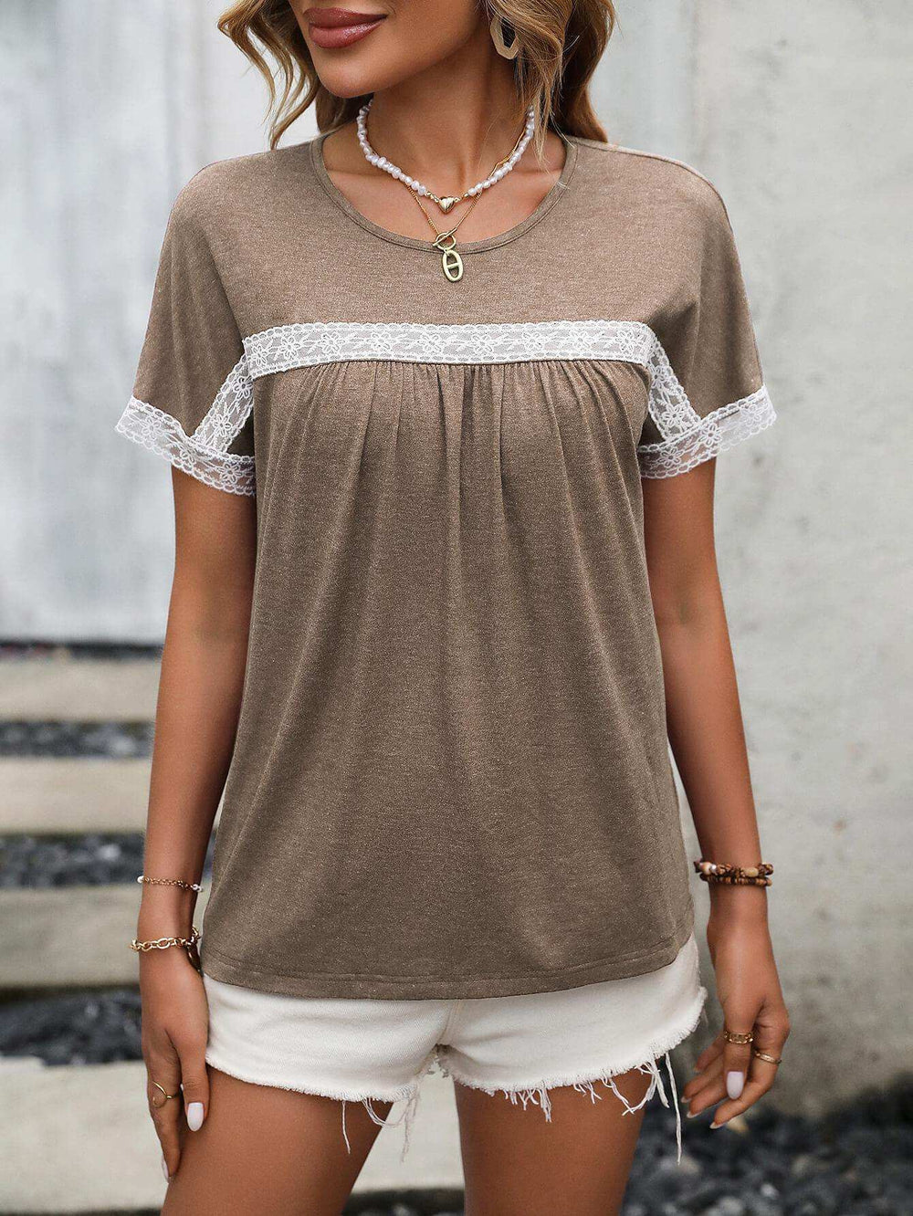 Contrast Round Neck Short Sleeve Tee - Trendsi - Flyclothing LLC