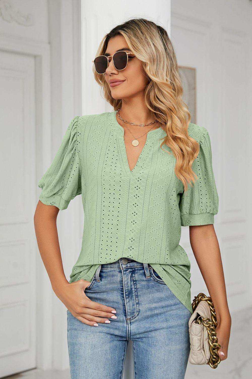 Eyelet Short Puff Sleeve Notched Neck Top - Trendsi - Flyclothing LLC