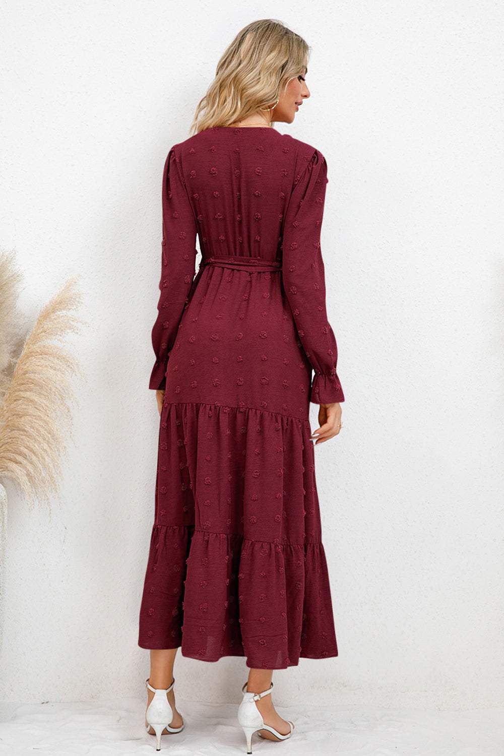Swiss Dot Tied Surplice Flounce Sleeve Dress - Trendsi - Flyclothing LLC